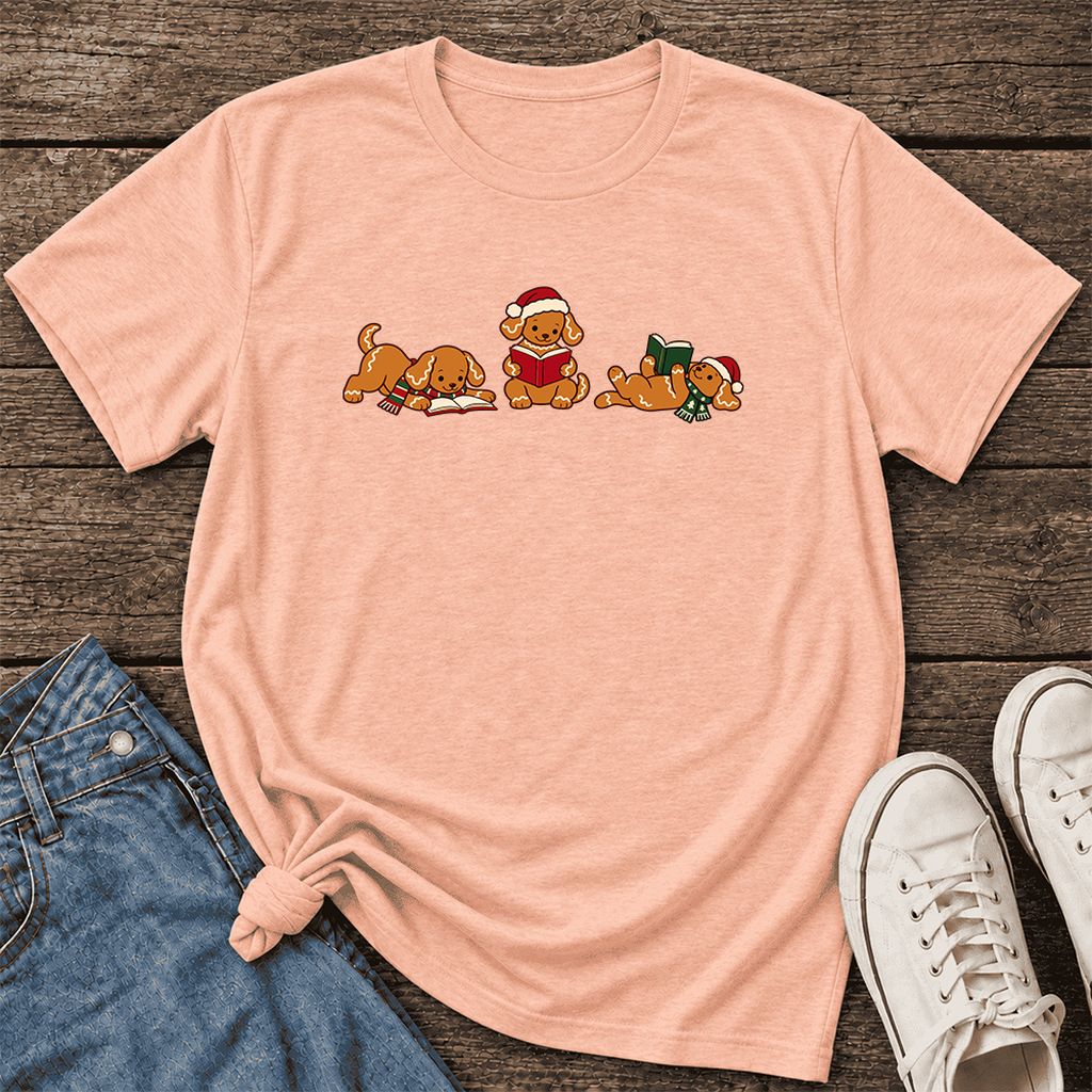 Golden Retriever Gingerbread Trio Ultra-Soft Cotton T-Shirt | Reader Gift Heather Peach