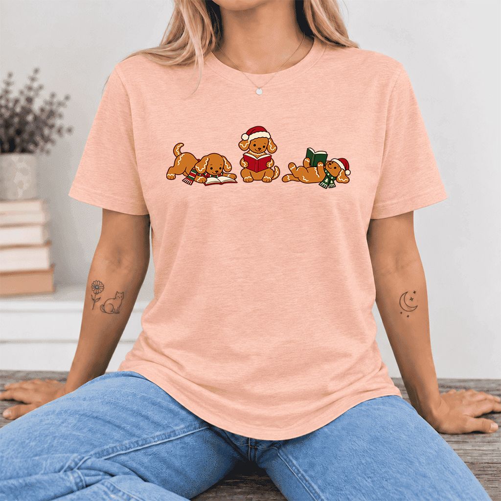 Golden Retriever Gingerbread Trio Ultra-Soft Cotton T-Shirt | Reader Gift Heather Peach