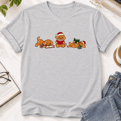 Golden Retriever Gingerbread Trio Ultra-Soft V-Neck | Christmas Reader Gift Ash