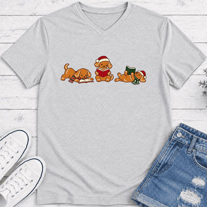 Golden Retriever Gingerbread Trio Ultra-Soft V-Neck | Christmas Reader Gift Ash