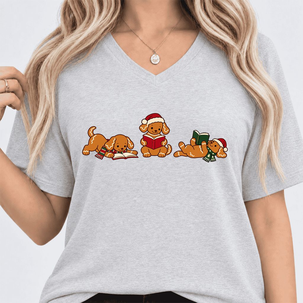 Golden Retriever Gingerbread Trio Ultra-Soft V-Neck | Christmas Reader Gift Ash