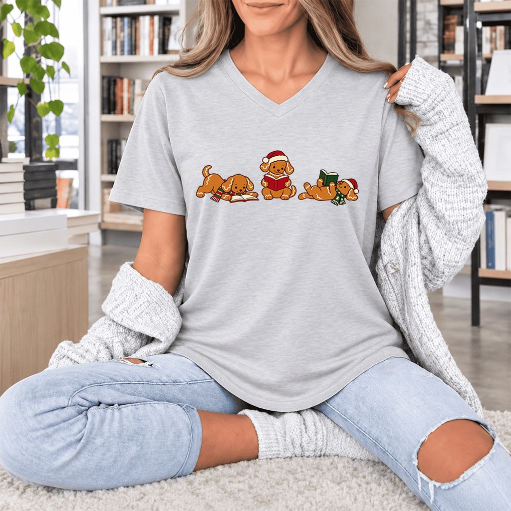 Golden Retriever Gingerbread Trio Ultra-Soft V-Neck | Christmas Reader Gift Ash