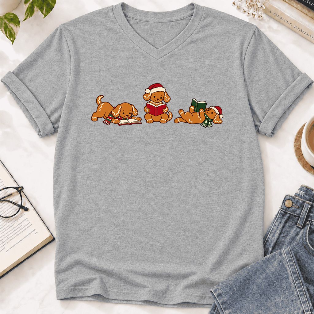 Golden Retriever Gingerbread Trio Ultra-Soft V-Neck | Christmas Reader Gift Athletic Heather