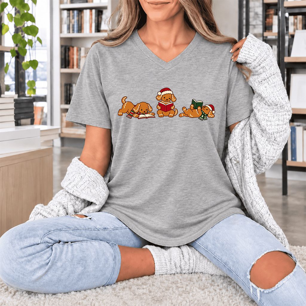 Golden Retriever Gingerbread Trio Ultra-Soft V-Neck | Christmas Reader Gift Athletic Heather