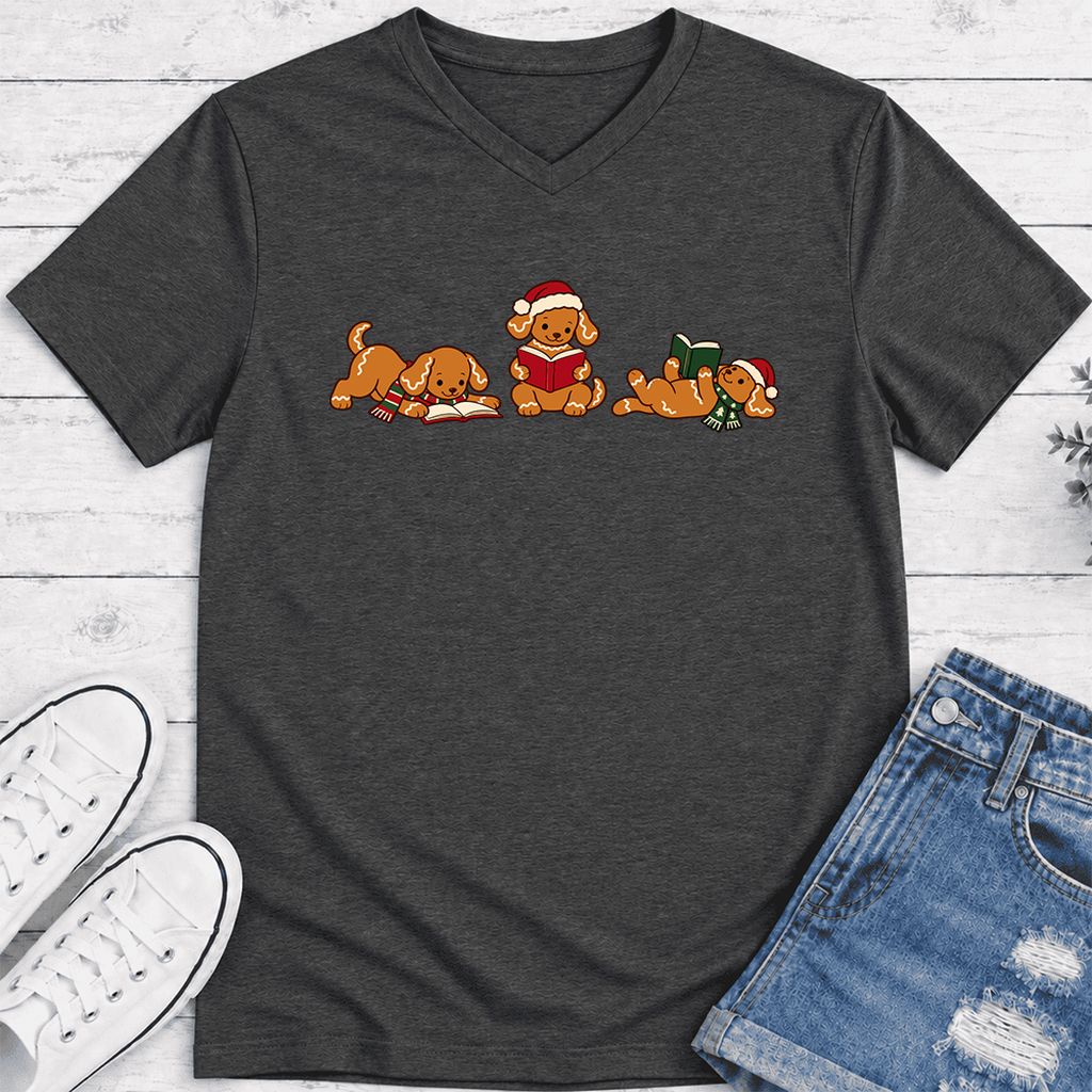 Golden Retriever Gingerbread Trio Ultra-Soft V-Neck | Christmas Reader Gift Dark Grey Heather
