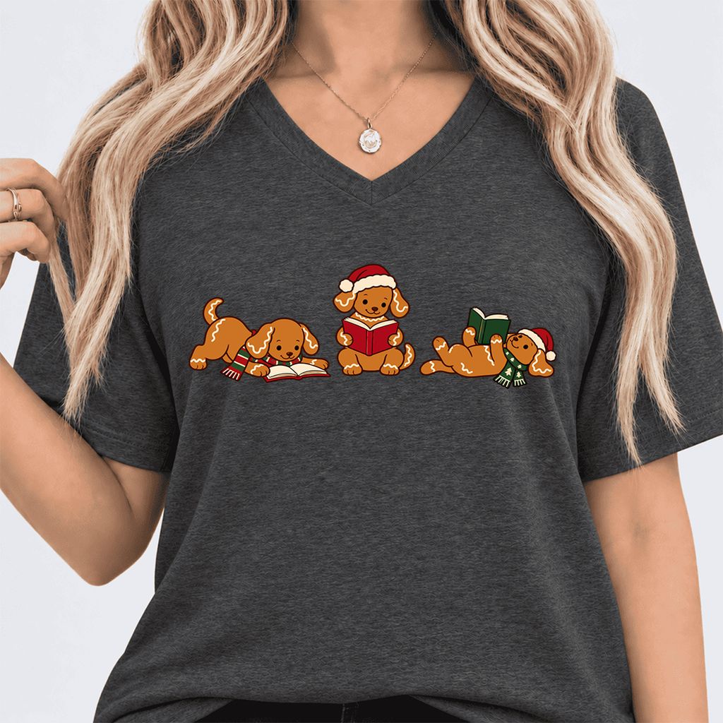 Golden Retriever Gingerbread Trio Ultra-Soft V-Neck | Christmas Reader Gift Dark Grey Heather