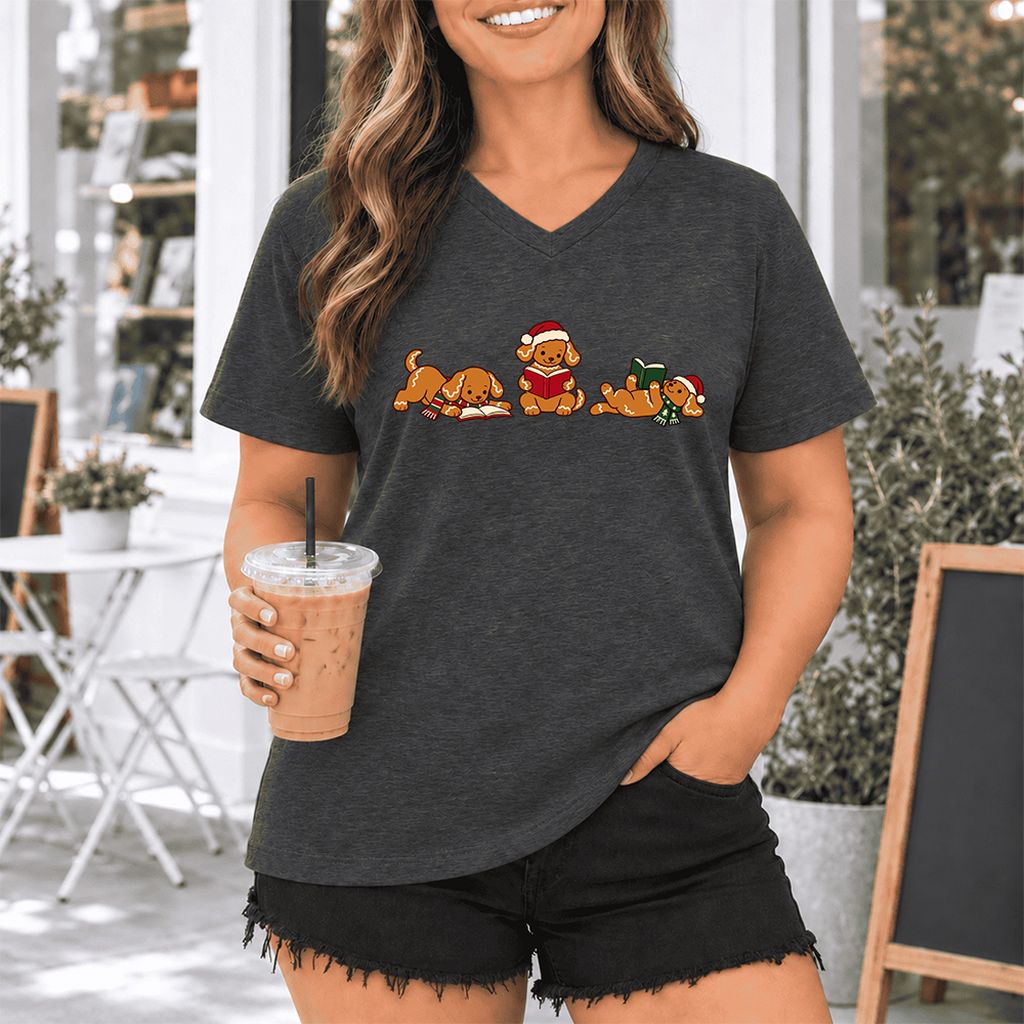 Golden Retriever Gingerbread Trio Ultra-Soft V-Neck | Christmas Reader Gift Dark Grey Heather