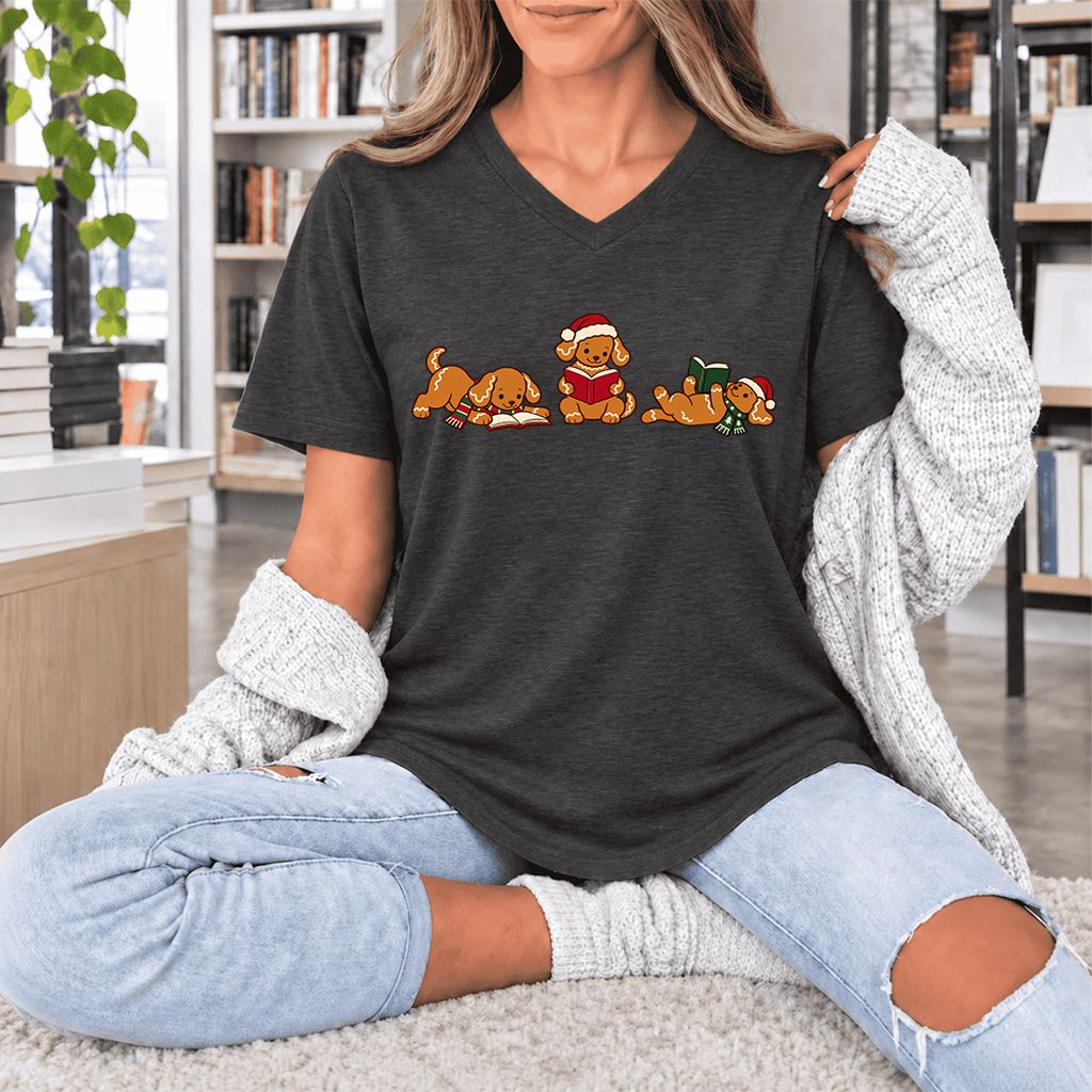 Golden Retriever Gingerbread Trio Ultra-Soft V-Neck | Christmas Reader Gift Dark Grey Heather