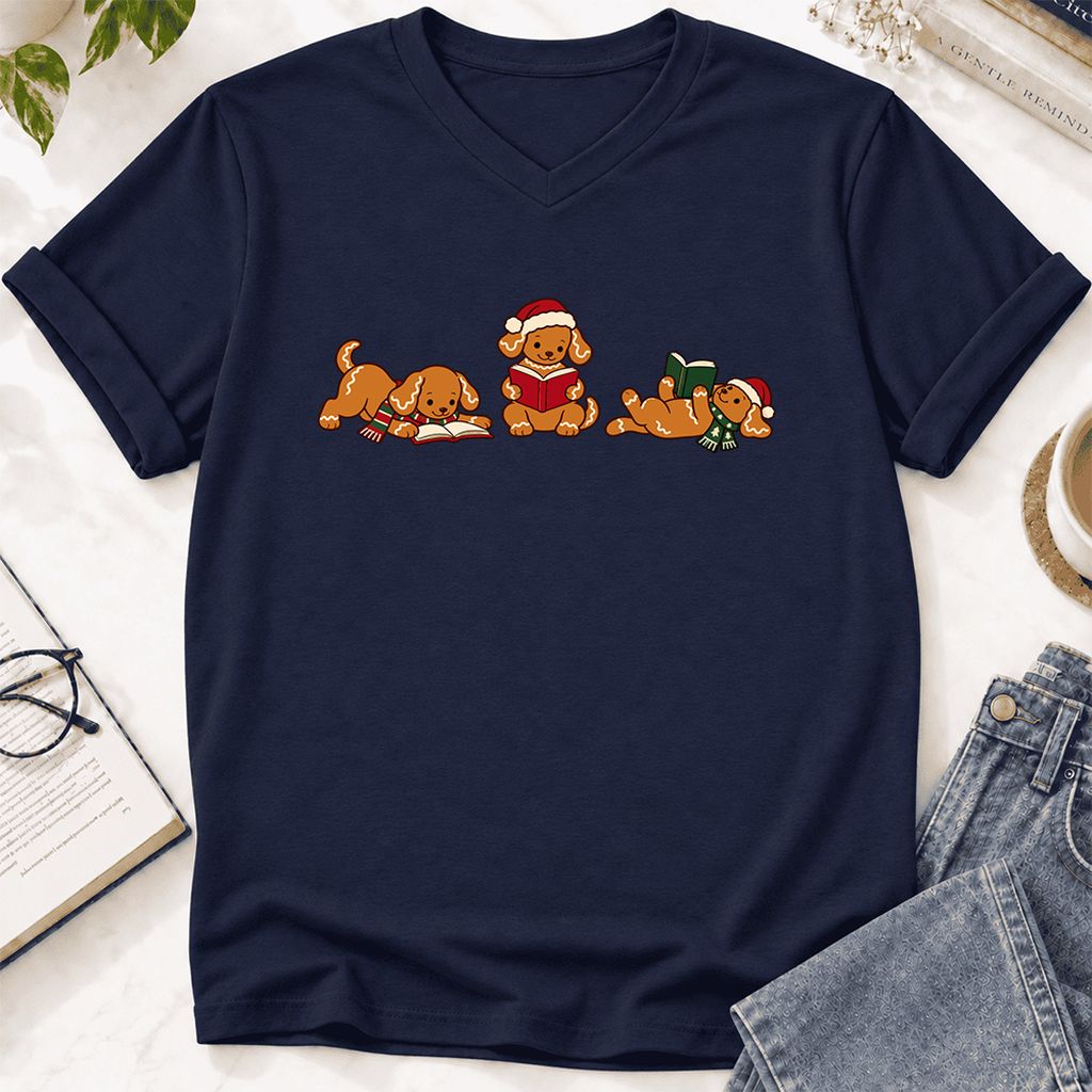 Golden Retriever Gingerbread Trio Ultra-Soft V-Neck | Christmas Reader Gift Navy