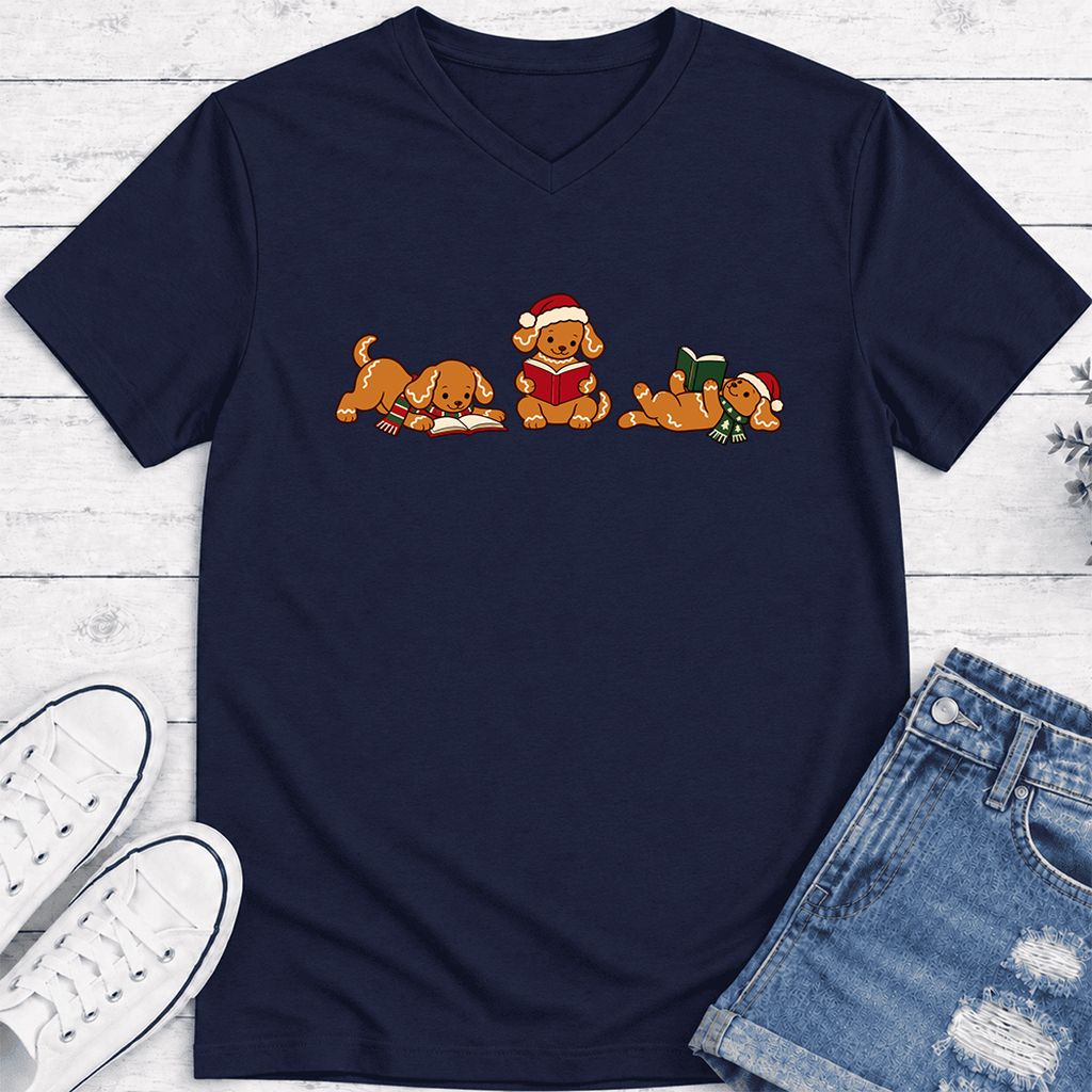 Golden Retriever Gingerbread Trio Ultra-Soft V-Neck | Christmas Reader Gift Navy