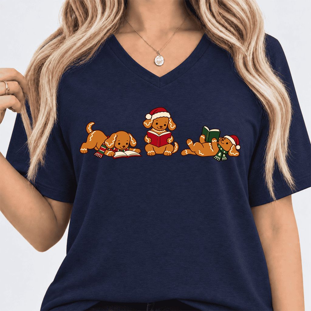Golden Retriever Gingerbread Trio Ultra-Soft V-Neck | Christmas Reader Gift Navy