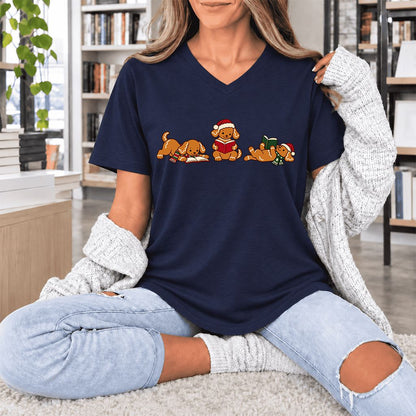 Golden Retriever Gingerbread Trio Ultra-Soft V-Neck | Christmas Reader Gift Navy