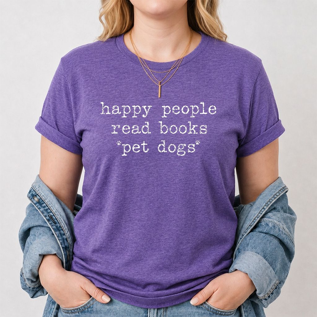 Happy People Read Books Pet Dogs Printed T-Shirt | Dog Lover Reader Gift Heather Purple