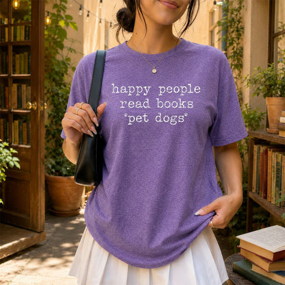 Happy People Read Books Pet Dogs Printed T-Shirt | Dog Lover Reader Gift Heather Purple