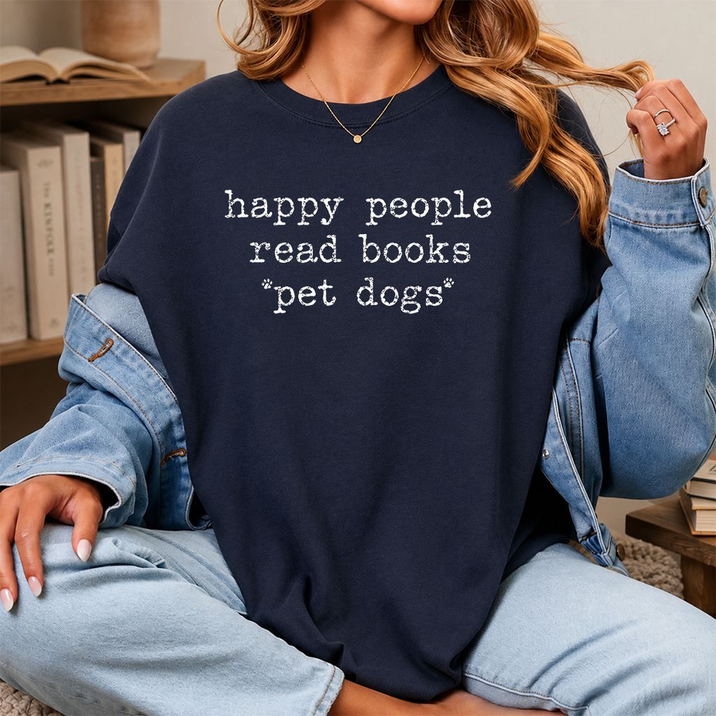 Happy People Read Books Pet Dogs Printed T-Shirt | Dog Lover Reader Gift Navy
