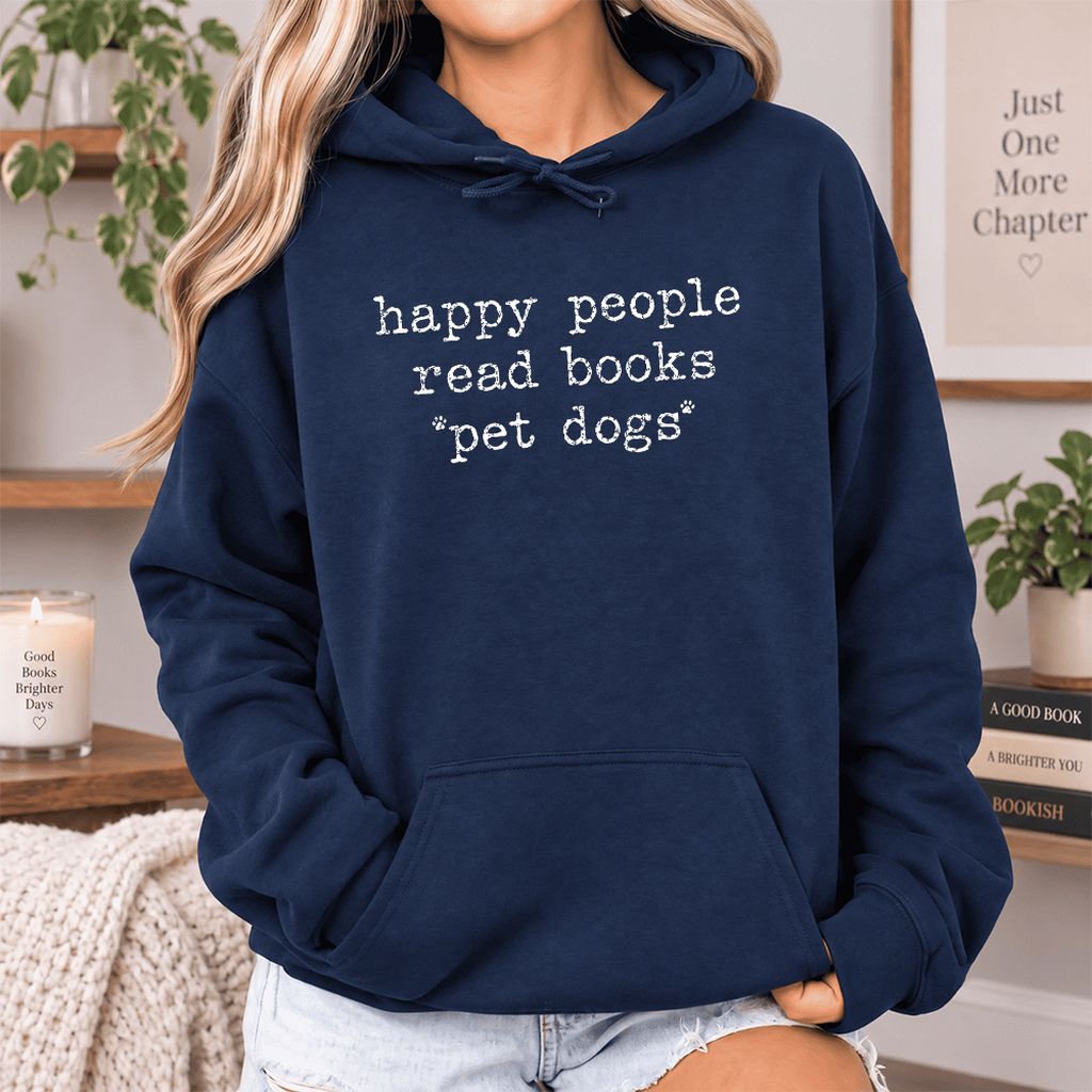 Happy People Read Books Pet Dogs Softstyle Hoodie | Dog Lover Reader Gift Navy