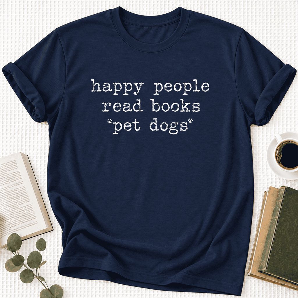 Happy People Read Books Pet Dogs Ultra-Soft Cotton T-Shirt | Dog Lover Gift Navy