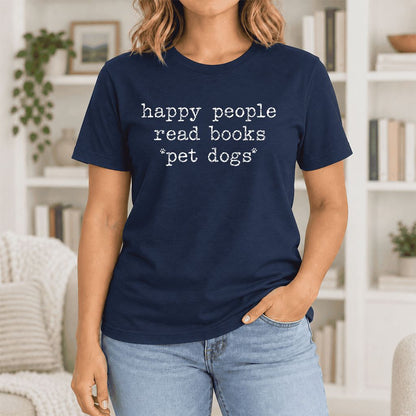 Happy People Read Books Pet Dogs Ultra-Soft Cotton T-Shirt | Dog Lover Gift Navy