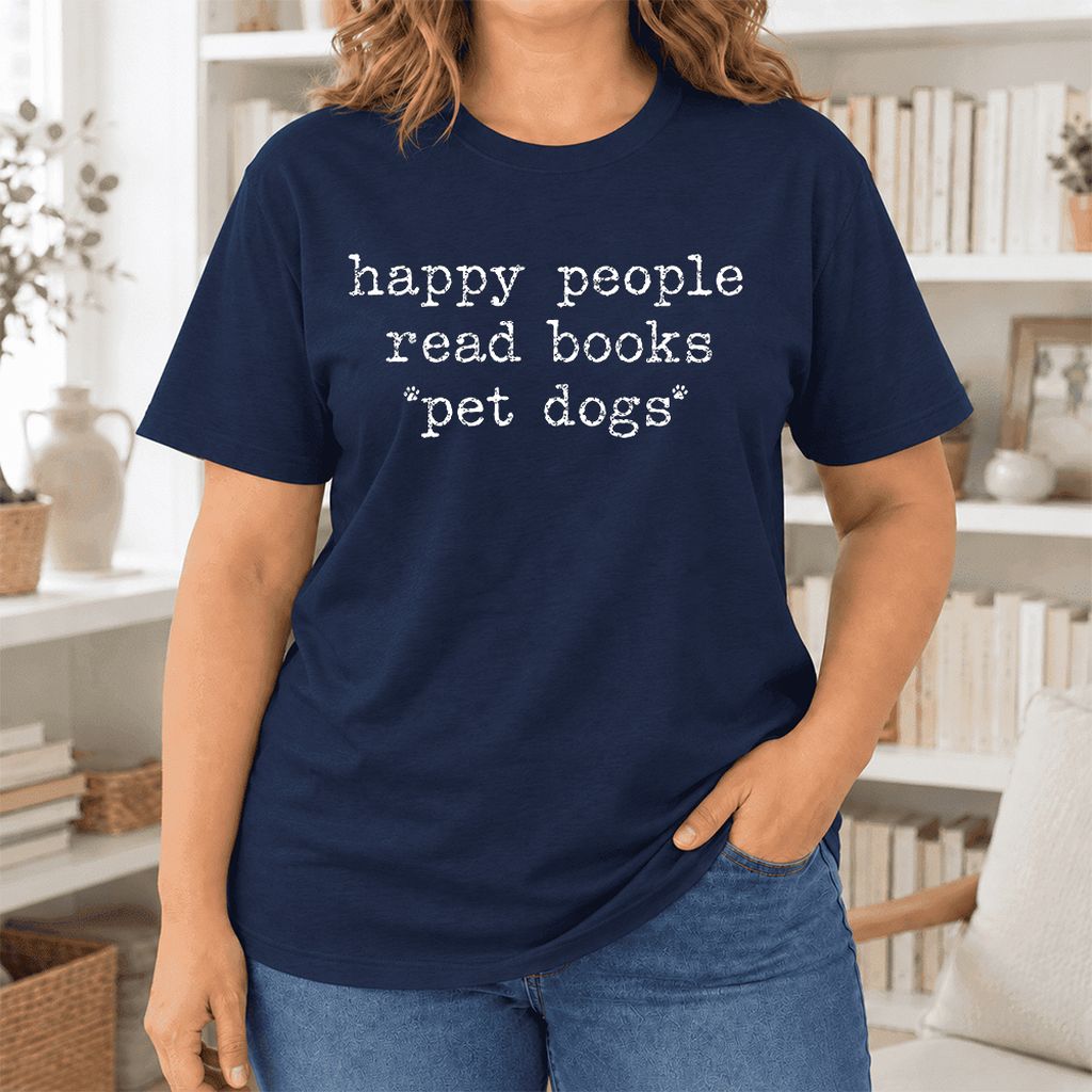 Happy People Read Books Pet Dogs Ultra-Soft Cotton T-Shirt | Dog Lover Gift Navy