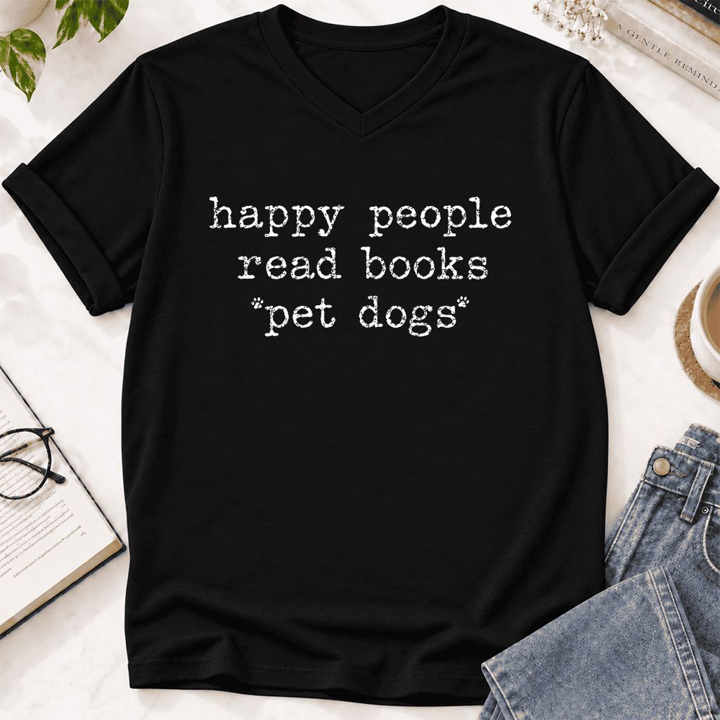 Happy People Read Books Pet Dogs Ultra-Soft V-Neck | Dog Lover Reader Gift Black