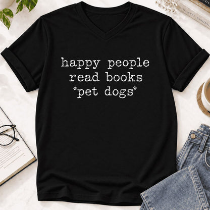 Happy People Read Books Pet Dogs Ultra-Soft V-Neck | Dog Lover Reader Gift Black