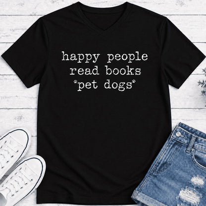 Happy People Read Books Pet Dogs Ultra-Soft V-Neck | Dog Lover Reader Gift Black