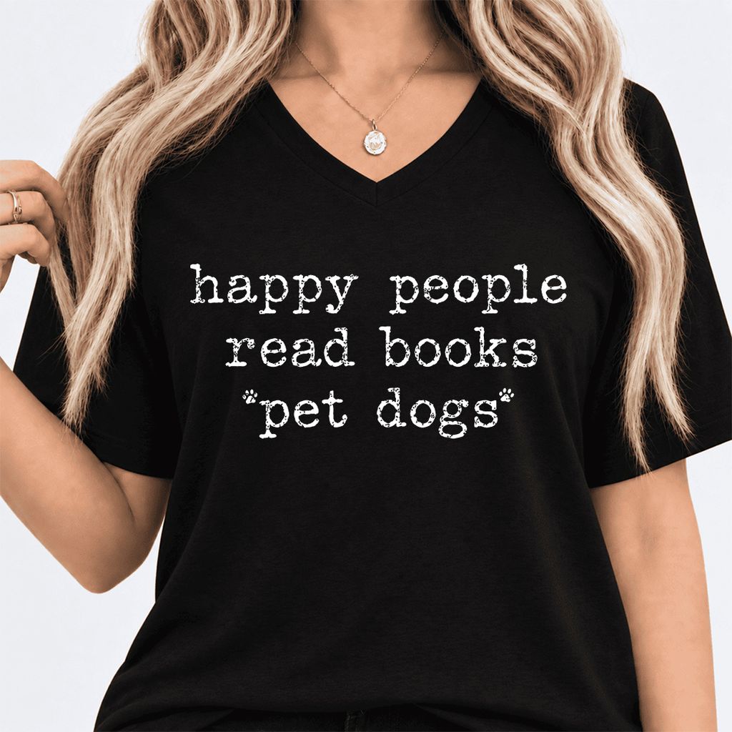 Happy People Read Books Pet Dogs Ultra-Soft V-Neck | Dog Lover Reader Gift Black