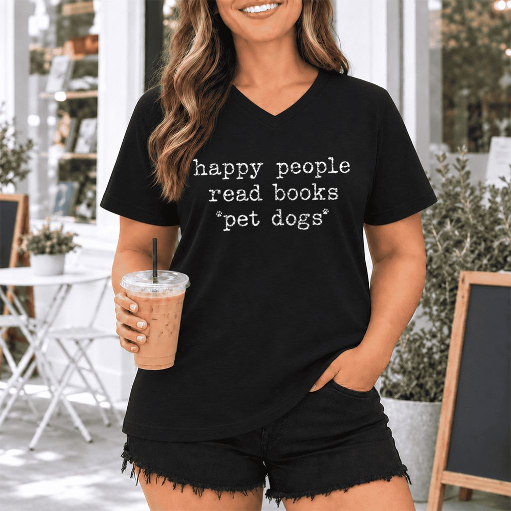 Happy People Read Books Pet Dogs Ultra-Soft V-Neck | Dog Lover Reader Gift Black