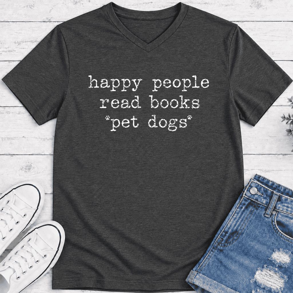 Happy People Read Books Pet Dogs Ultra-Soft V-Neck | Dog Lover Reader Gift Dark Grey Heather