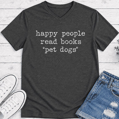 Happy People Read Books Pet Dogs Ultra-Soft V-Neck | Dog Lover Reader Gift Dark Grey Heather