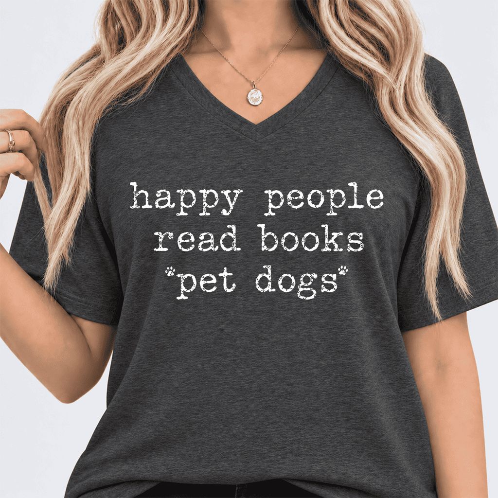 Happy People Read Books Pet Dogs Ultra-Soft V-Neck | Dog Lover Reader Gift Dark Grey Heather