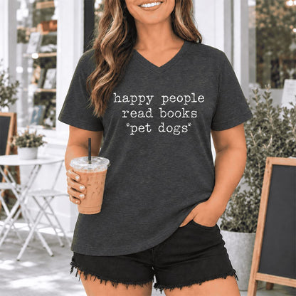 Happy People Read Books Pet Dogs Ultra-Soft V-Neck | Dog Lover Reader Gift Dark Grey Heather