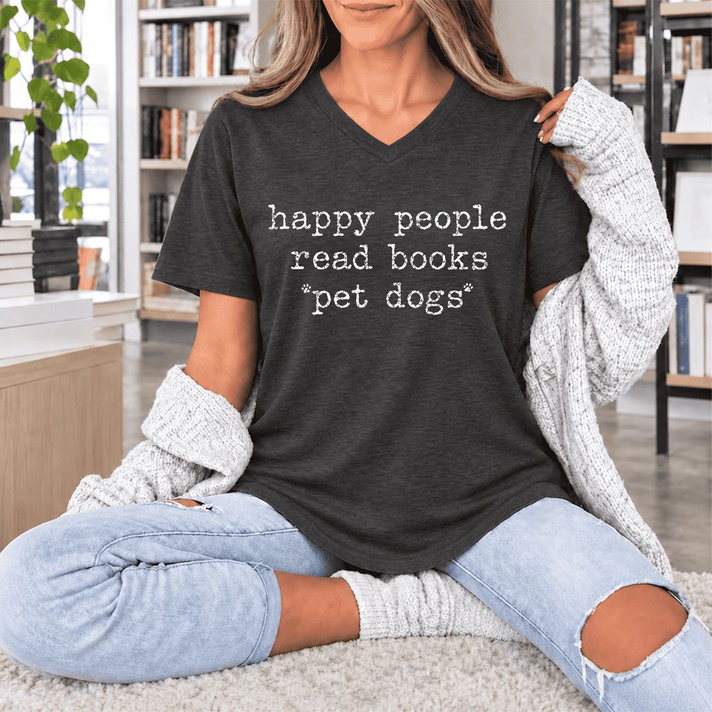 Happy People Read Books Pet Dogs Ultra-Soft V-Neck | Dog Lover Reader Gift Dark Grey Heather