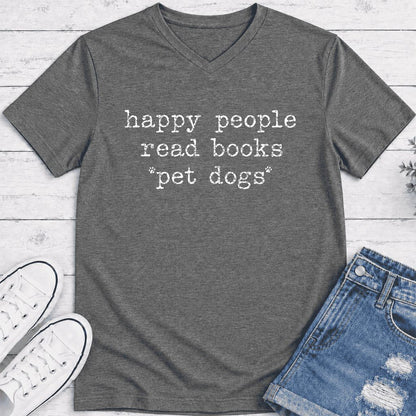 Happy People Read Books Pet Dogs Ultra-Soft V-Neck | Dog Lover Reader Gift Deep Heather