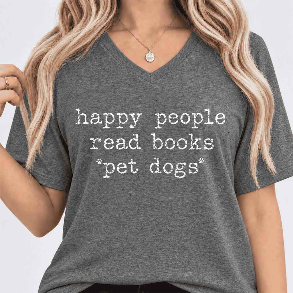 Happy People Read Books Pet Dogs Ultra-Soft V-Neck | Dog Lover Reader Gift Deep Heather