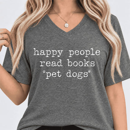 Happy People Read Books Pet Dogs Ultra-Soft V-Neck | Dog Lover Reader Gift Deep Heather