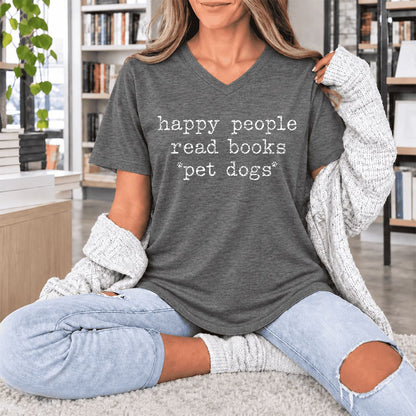 Happy People Read Books Pet Dogs Ultra-Soft V-Neck | Dog Lover Reader Gift Deep Heather