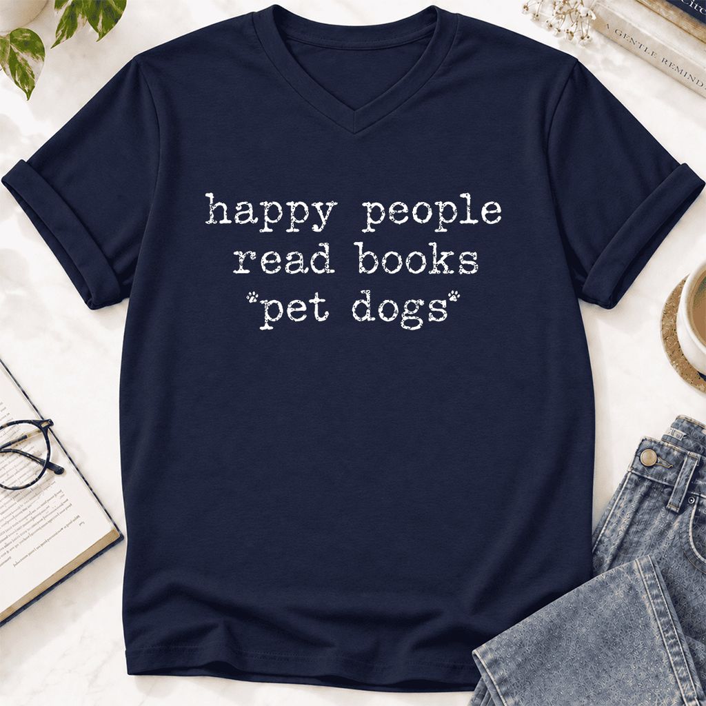 Happy People Read Books Pet Dogs Ultra-Soft V-Neck | Dog Lover Reader Gift Navy