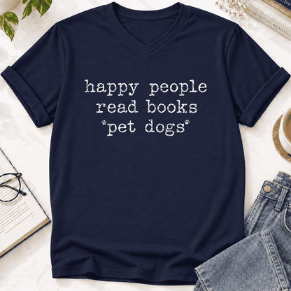 Happy People Read Books Pet Dogs Ultra-Soft V-Neck | Dog Lover Reader Gift Navy
