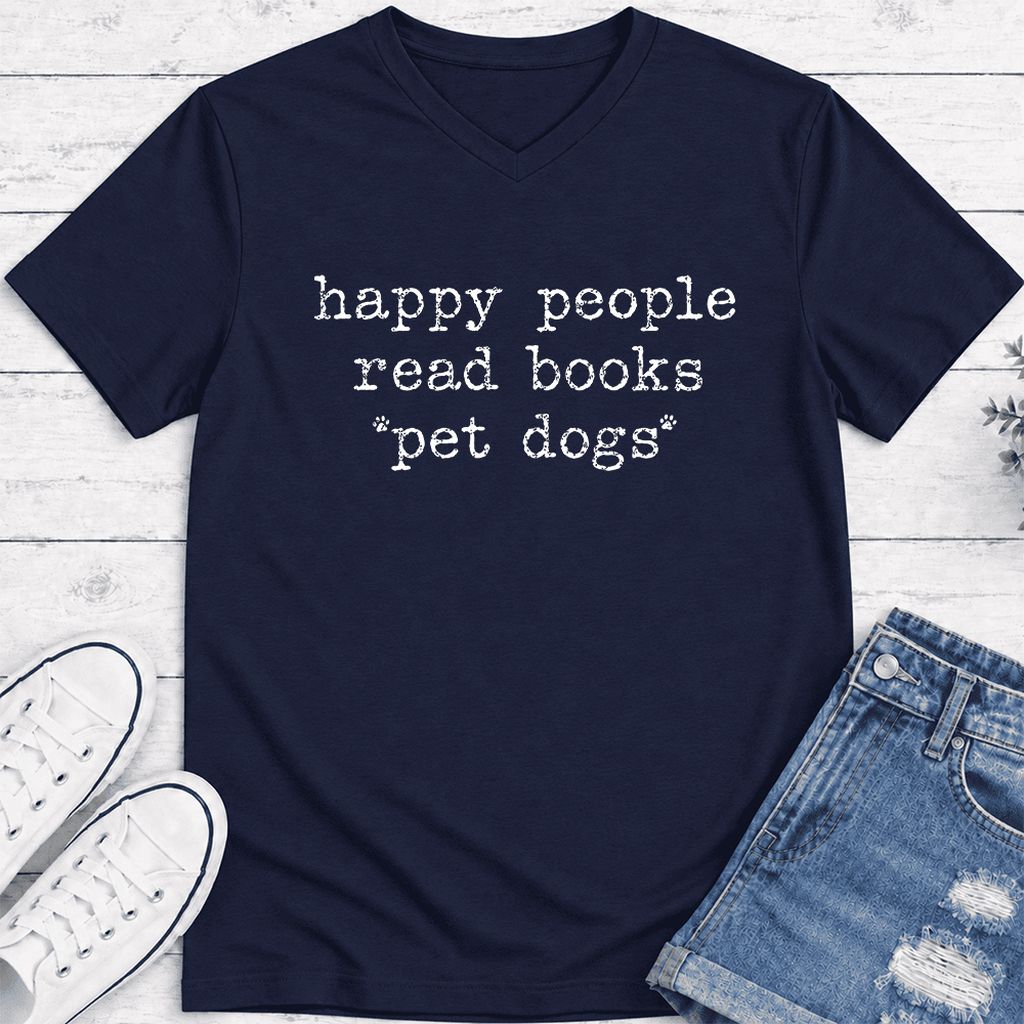 Happy People Read Books Pet Dogs Ultra-Soft V-Neck | Dog Lover Reader Gift Navy