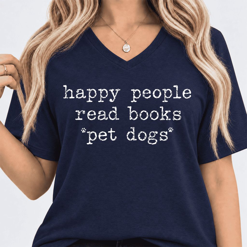 Happy People Read Books Pet Dogs Ultra-Soft V-Neck | Dog Lover Reader Gift Navy