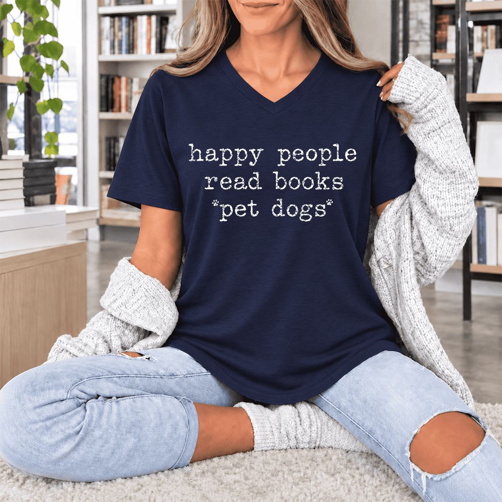 Happy People Read Books Pet Dogs Ultra-Soft V-Neck | Dog Lover Reader Gift Navy