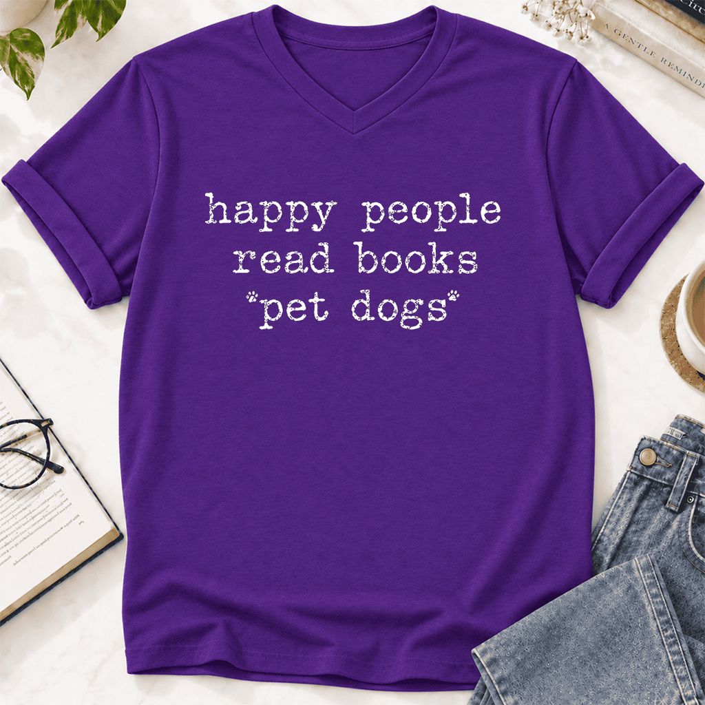 Happy People Read Books Pet Dogs Ultra-Soft V-Neck | Dog Lover Reader Gift Team Purple