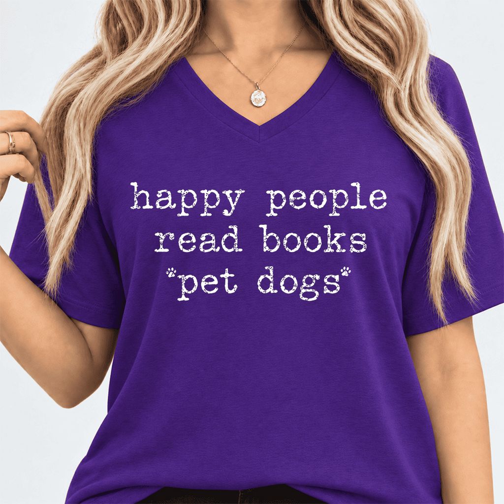 Happy People Read Books Pet Dogs Ultra-Soft V-Neck | Dog Lover Reader Gift Team Purple