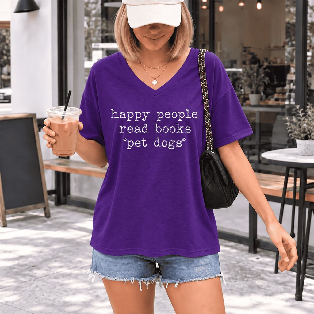 Happy People Read Books Pet Dogs Ultra-Soft V-Neck | Dog Lover Reader Gift Team Purple