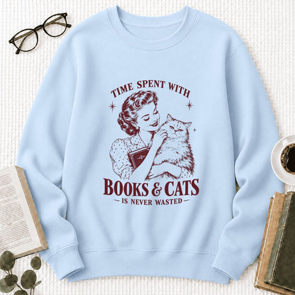 Time Spent With Books & Cats Printed Sweatshirt | Cat Lover Reader Gift Light Blue