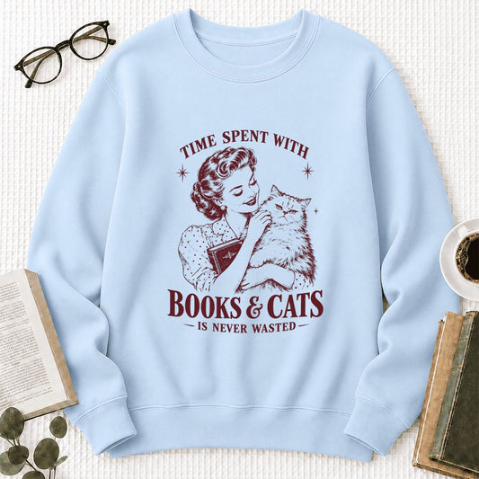 Time Spent With Books & Cats Crewneck Sweatshirt | Cat Lover Reader Gift Light Blue