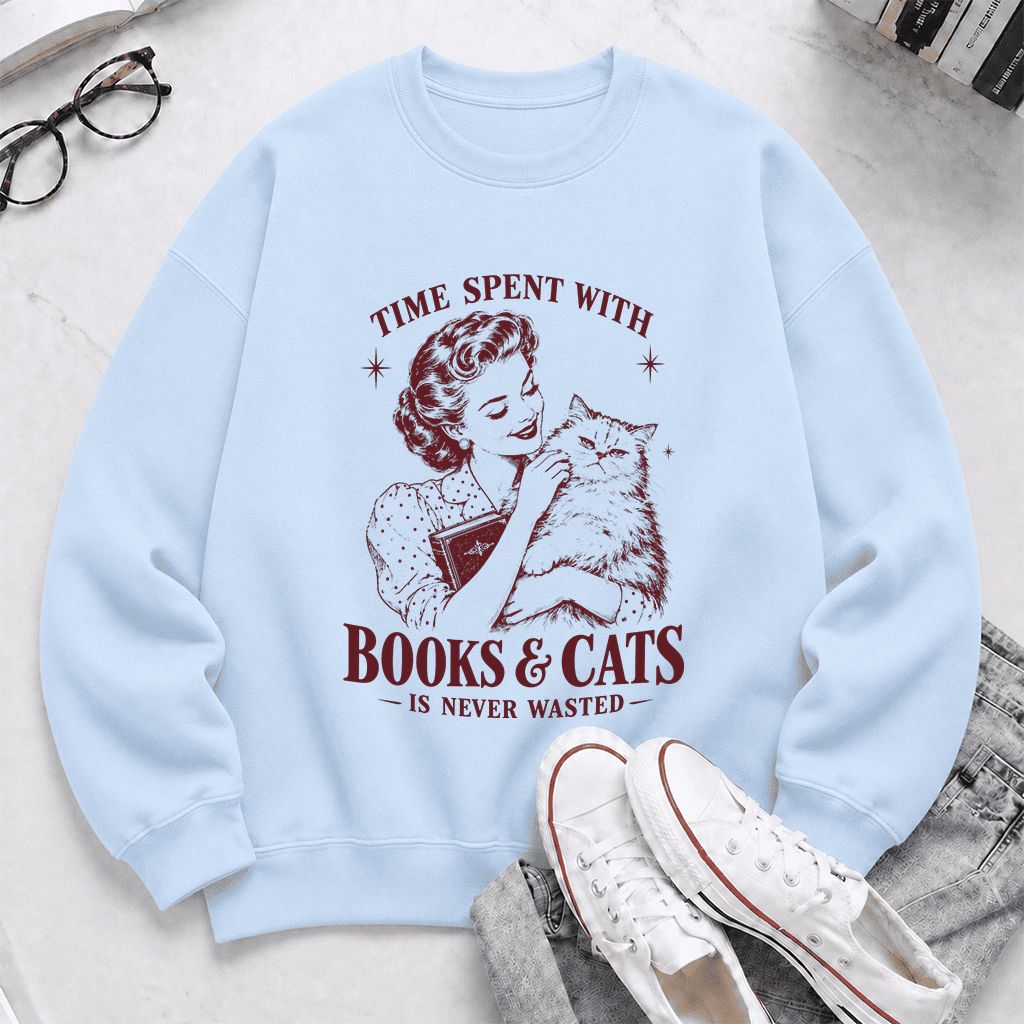 Time Spent With Books & Cats Printed Sweatshirt | Cat Lover Reader Gift Light Blue