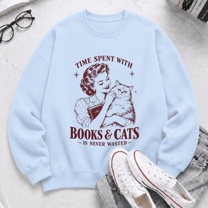 Time Spent With Books & Cats Printed Sweatshirt | Cat Lover Reader Gift Light Blue