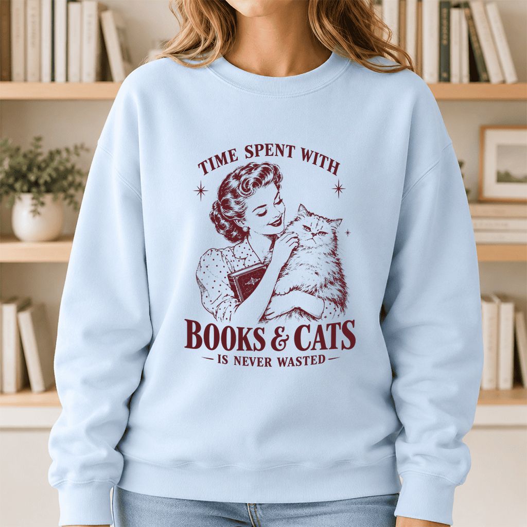 Time Spent With Books & Cats Printed Sweatshirt | Cat Lover Reader Gift Light Blue